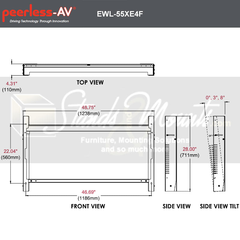 Peerless-AV Outdoor Tilt Wall Mount EWL-55XE4F, display enclosure wall mount dimensions diagram