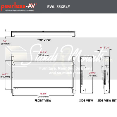 Peerless-AV Outdoor Tilt Wall Mount EWL-55XE4F, display enclosure wall mount dimensions diagram