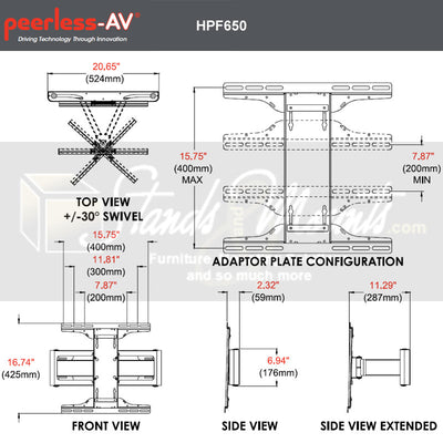 Peerless-AV Large Hospitality Pull-Out Pivot TV Wall Mount HPF650, wall mount swivel and depth dimensions diagram