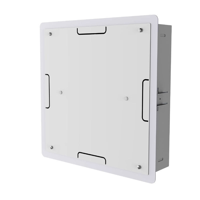 Peerless-AV In-wall Box Cover IB14X14C-W, white in-wall media enclosure rear three-quarter view