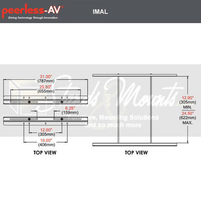 Peerless-AV Large Vertical I-Beam Adapter IMAL, mounting dimensions top-view diagram