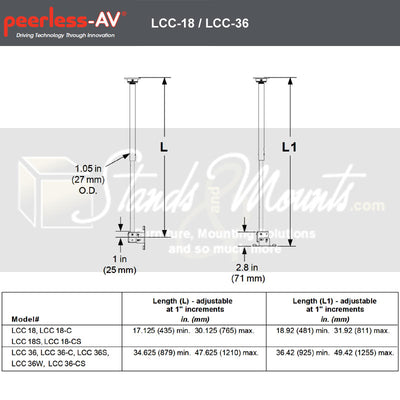 Peerless-AV Small Adjustable TV Ceiling Mount LCC-36, ceiling extension column dimensions chart