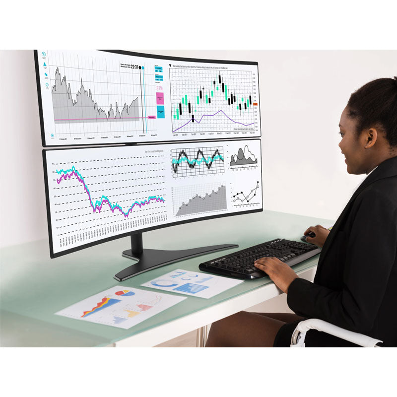 Peerless-AV Desktop Stand LCT650SD, curved dual-monitor desk stand in use