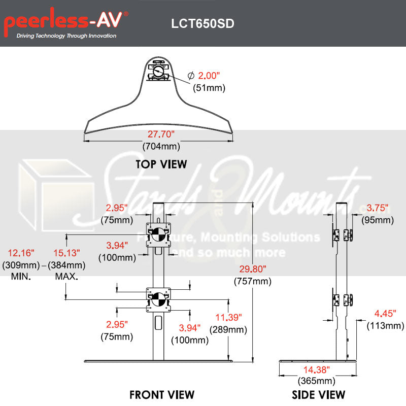 Peerless-AV Desktop Stand LCT650SD, curved dual-monitor desk stand technical dimensions diagram