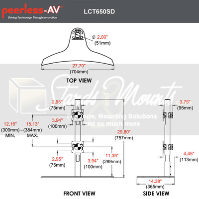 Peerless-AV Desktop Stand LCT650SD, curved dual-monitor desk stand technical dimensions diagram