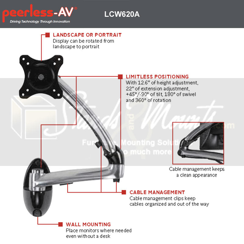 Peerless-AV Small Height Adjustable TV Wall Mount LCW620A, articulating monitor wall mount features diagram