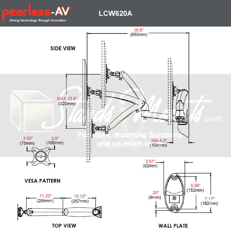 Peerless-AV Small Height Adjustable TV Wall Mount LCW620A, articulating monitor wall mount technical dimensions diagram