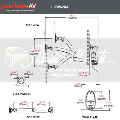 Peerless-AV Small Height Adjustable TV Wall Mount LCW620A, articulating monitor wall mount technical dimensions diagram
