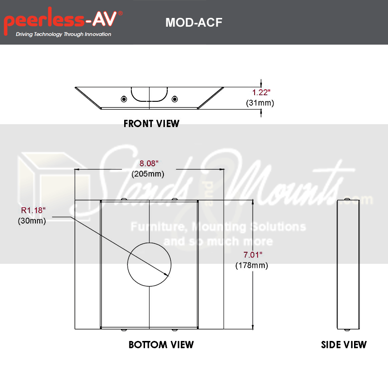Peerless-AV Modular Series Accessory Cover For MOD-CPF MOD-ACF-W, decorative ceiling plate cover technical dimensions diagram