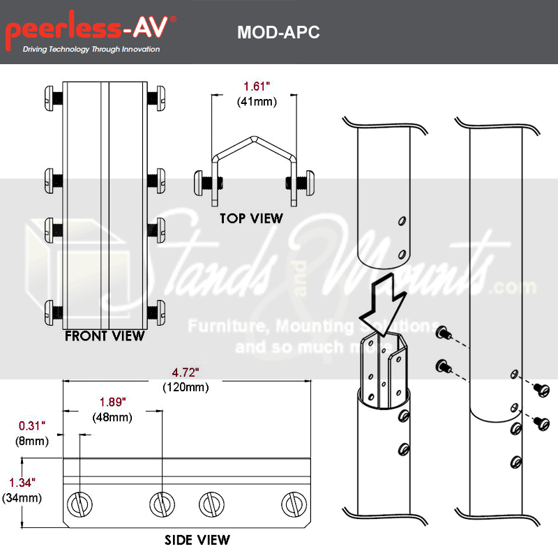 Peerless-AV Modular Series Pole Coupler MOD-APC, accessory bracket dimensions diagram