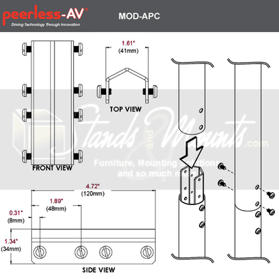 Peerless-AV Modular Series Pole Coupler MOD-APC, accessory bracket dimensions diagram