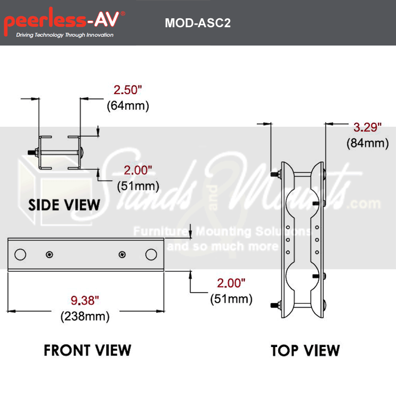 Peerless-AV Modular Series Dual Pole Stacking Clamp MOD-ASC2, mount adapter bracket dimensions diagram