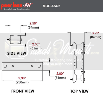 Peerless-AV Modular Series Dual Pole Stacking Clamp MOD-ASC2, mount adapter bracket dimensions diagram