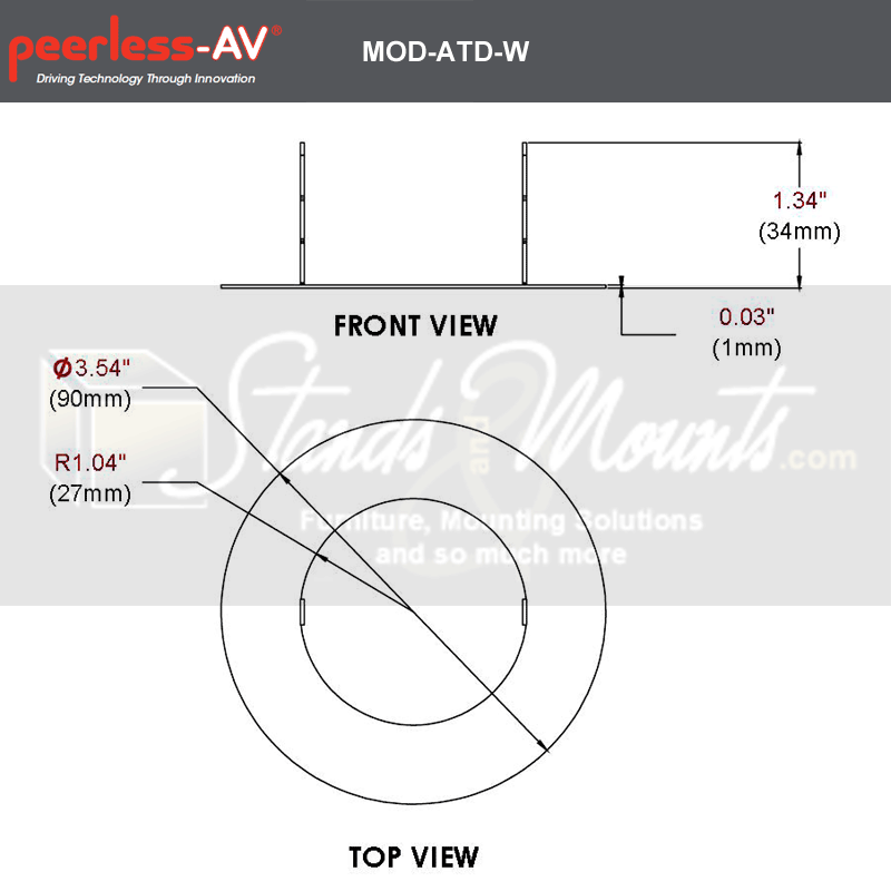 Peerless-AV Modular Series Escutcheon Trim Disc MOD-ATD-W, display mount adapter plate dimensions diagram