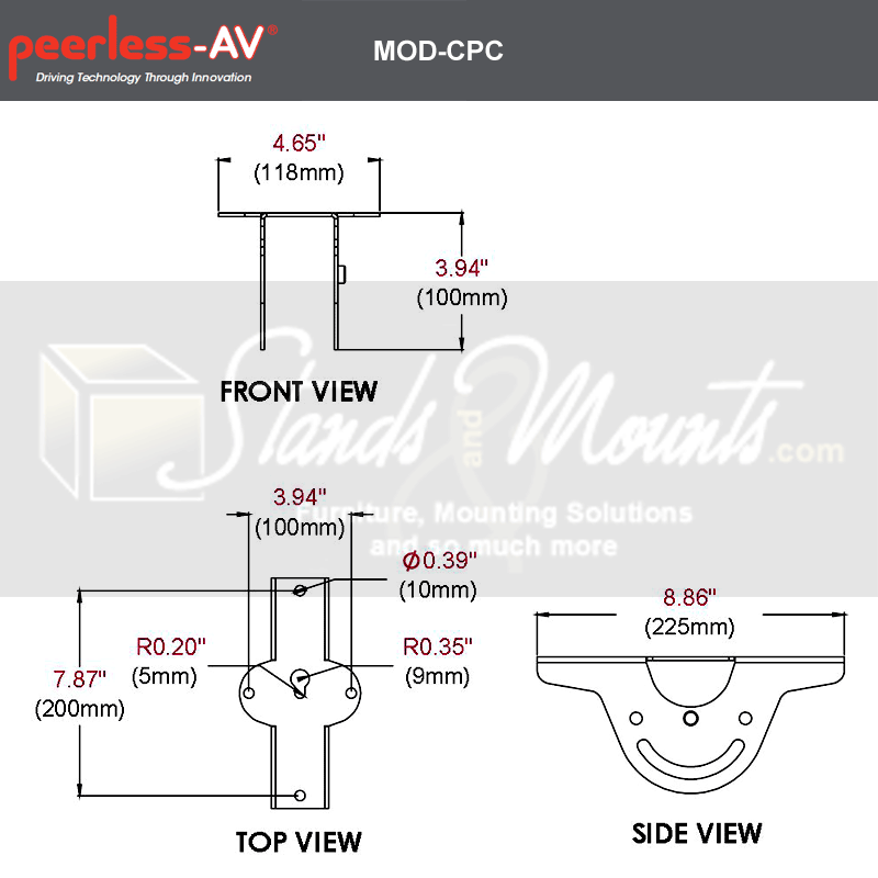 Peerless-AV Modular Series Cathedral Ceiling Plate MOD-CPC-W, ceiling pole coupling bracket dimensions diagram