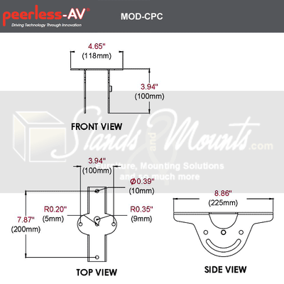 Peerless-AV Modular Series Cathedral Ceiling Plate MOD-CPC-W, ceiling pole coupling bracket dimensions diagram