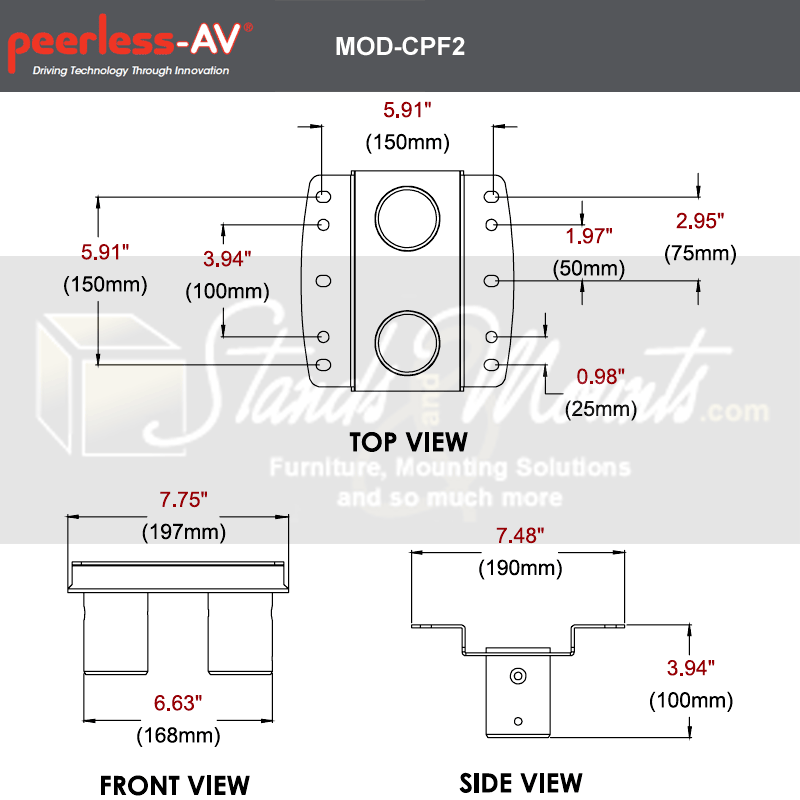 Peerless-AV Modular Dual Pole Ceiling or Floor Plate MOD-CPF2, dual-pole floor plate technical dimensions