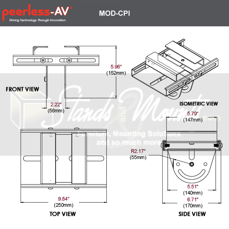 Peerless-AV Modular Series I-Beam Ceiling Plate MOD-CPI, ceiling pole display adapter dimensions diagram