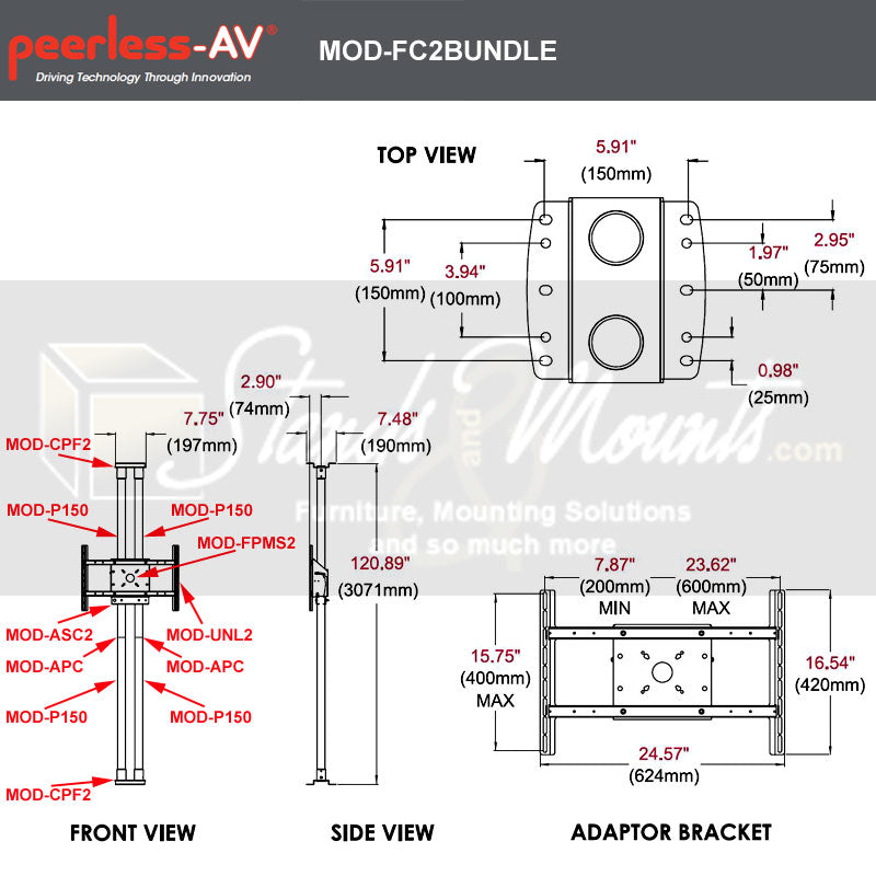 Peerless-AV Floor-to-Ceiling TV Mount Kit Bundle MOD-FC2BUNDLE-B, dual-display floor stand dimensions diagram