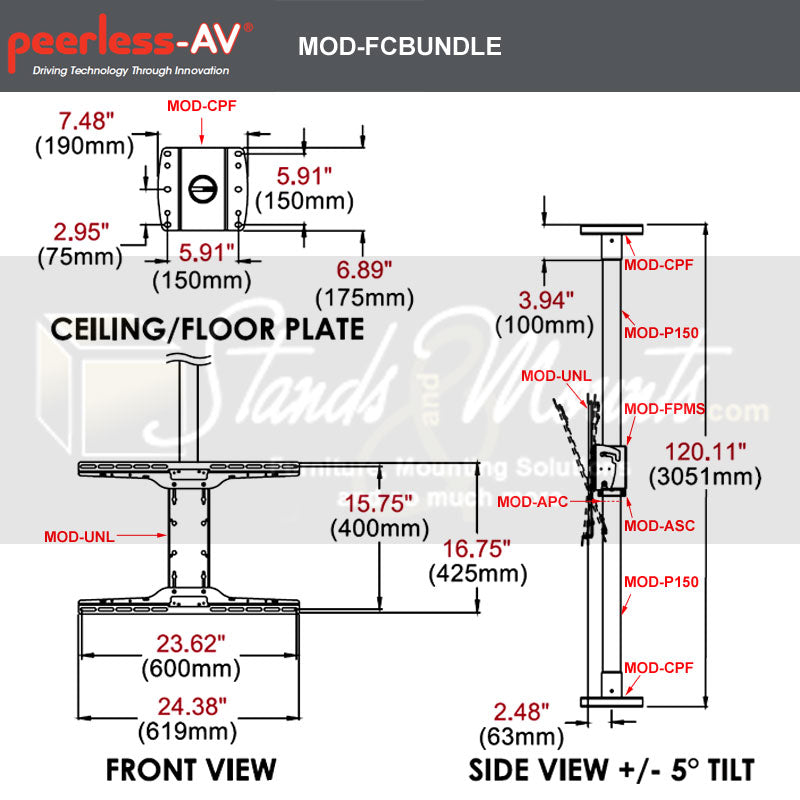 Peerless-AV Floor-to-Ceiling TV Mount Kit Bundle MOD-FCBUNDLE-B, floor-to-ceiling display stand dimensions diagram