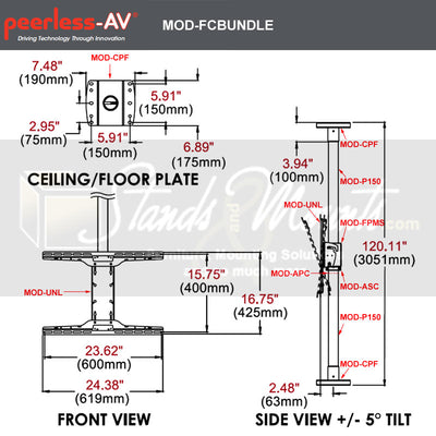 Peerless-AV Floor-to-Ceiling TV Mount Kit Bundle MOD-FCBUNDLE-B, floor-to-ceiling display stand dimensions diagram