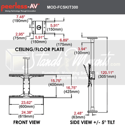 Peerless-AV Mod Series Floor-to-Ceiling TV Mount Kit MOD-FCSKIT300-B, floor-to-ceiling display stand dimensions diagram