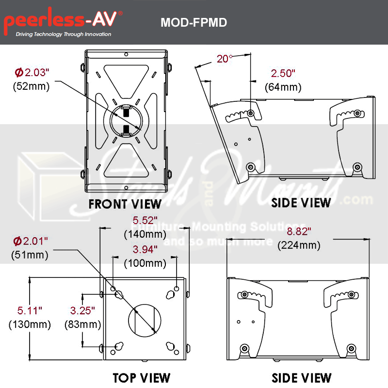 Peerless-AV Modular Series Back-to-Back Display Mount MOD-FPMD, speaker wall mount technical dimensions from multiple views