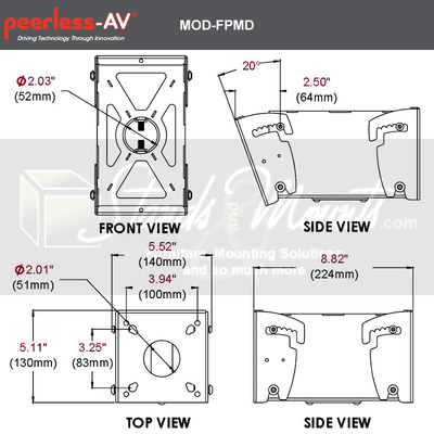 Peerless-AV Modular Series Back-to-Back Display Mount MOD-FPMD, speaker wall mount technical dimensions from multiple views