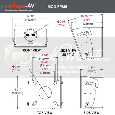 Peerless-AV Modular Series Single Display Mount MOD-FPMS-W, tilting speaker wall mount dimensions diagram