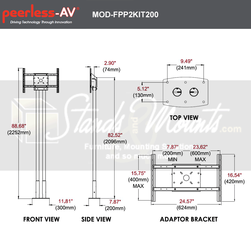 Peerless-AV Modular Series Dual Pole Pedestal Kit MOD-FPP2KIT200, dual-pole floor stand and adapter dimensions diagram