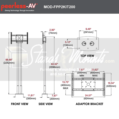 Peerless-AV Modular Series Dual Pole Pedestal Kit MOD-FPP2KIT200, dual-pole floor stand and adapter dimensions diagram