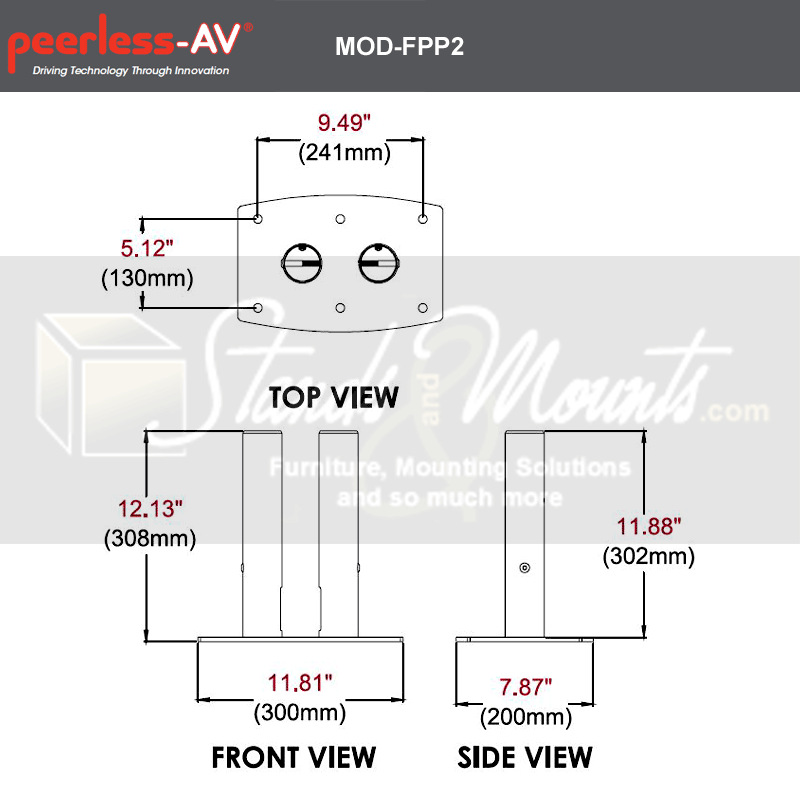 Peerless-AV Modular Dual Pole Pedestal Floor Mount MOD-FPP2, floor display stand dimensions diagram