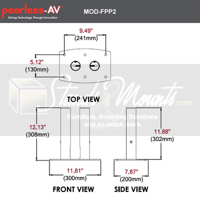 Peerless-AV Modular Dual Pole Pedestal Floor Mount MOD-FPP2, floor display stand dimensions diagram