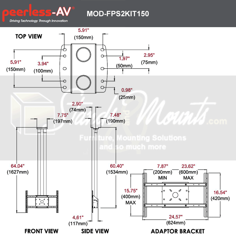 Peerless-AV Mod Series Dual Pole Ceiling TV Mount Kit MOD-FPS2KIT150-B, dual-display ceiling mount technical dimensions