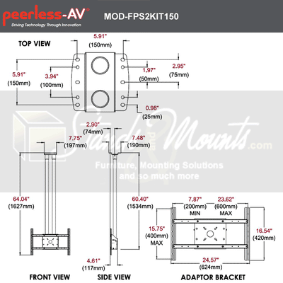Peerless-AV Mod Series Dual Pole Ceiling TV Mount Kit MOD-FPS2KIT150-B, dual-display ceiling mount technical dimensions