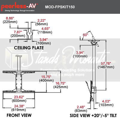 Peerless-AV Modular Series 1.5M Ceiling TV Mount Kit MOD-FPSKIT150-B, modular ceiling mount dimensions diagram