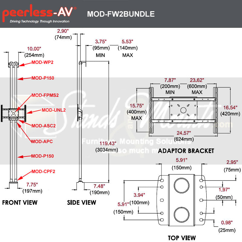 Peerless-AV Floor-to-Wall TV Mount Kit Bundle MOD-FW2BUNDLE-B, floor-to-wall display mount dimensions diagram
