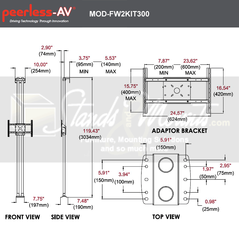 Peerless-AV Mod Series Dual Pole Floor-to-Wall Kit MOD-FW2KIT300, floor-to-wall display mount dimensions diagram
