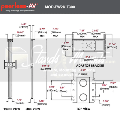 Peerless-AV Mod Series Dual Pole Floor-to-Wall Kit MOD-FW2KIT300, floor-to-wall display mount dimensions diagram