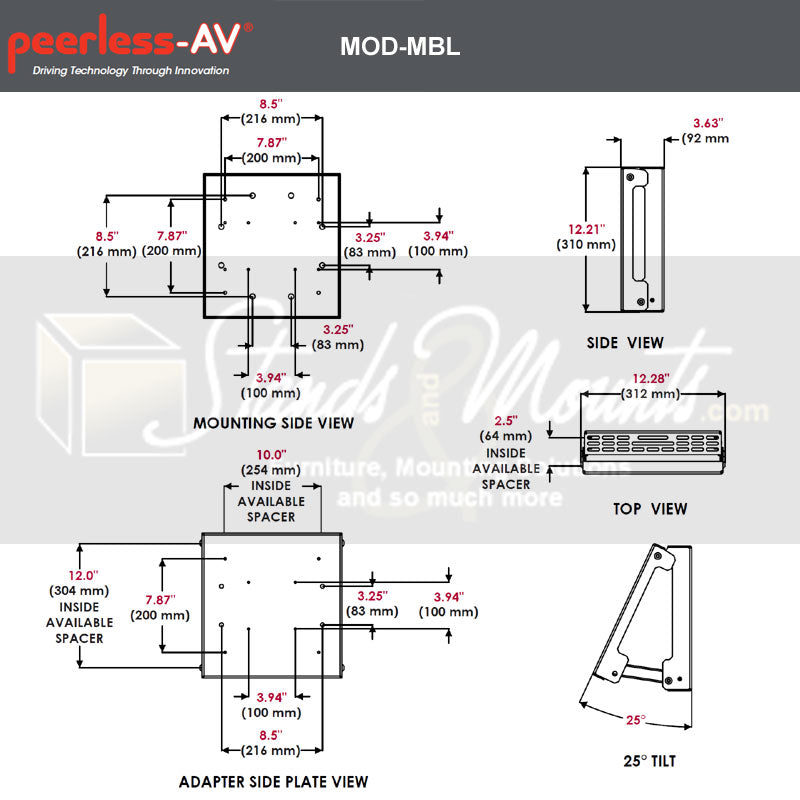 Peerless-AV Large Media Storge Accessory MOD-MBL, angled pipe adapter dimensions diagram