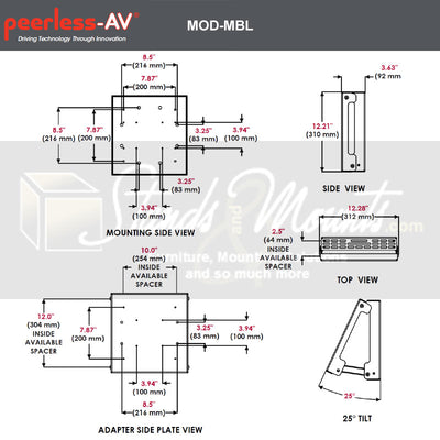 Peerless-AV Large Media Storge Accessory MOD-MBL, angled pipe adapter dimensions diagram