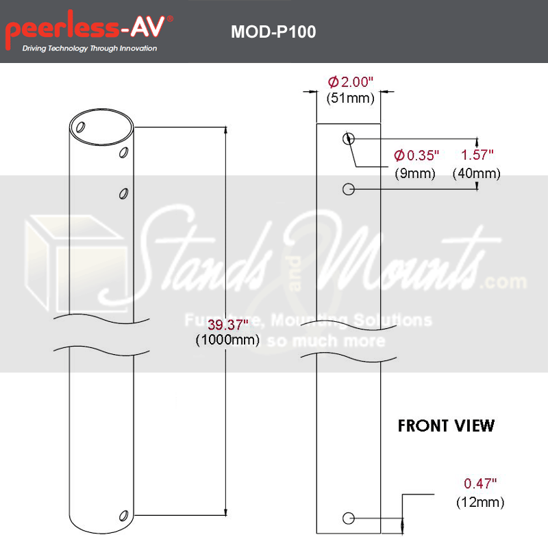 Peerless-AV Modular Projector Mount MOD-PJF2KIT100-CPF-B, extension pole adapter dimensions diagram