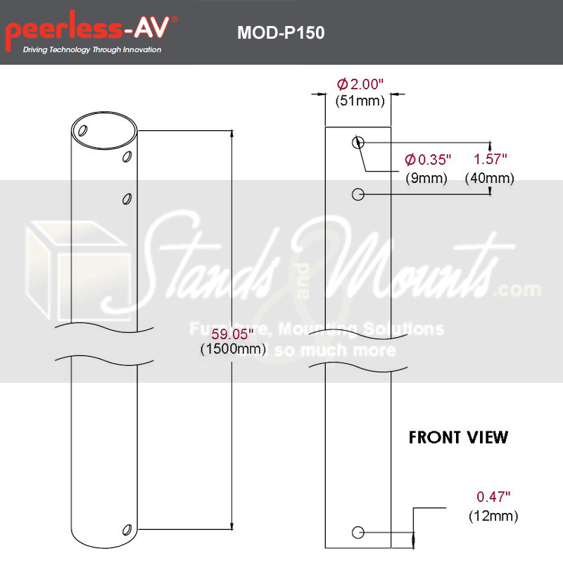Peerless-AV Modular Projector Mount MOD-PJF2KIT150-CPF-B, extension pipe dimensions diagram