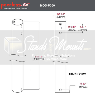 Peerless-AV Modular Series Extension Pole MOD-P300-W, extension pipe dimensions diagram