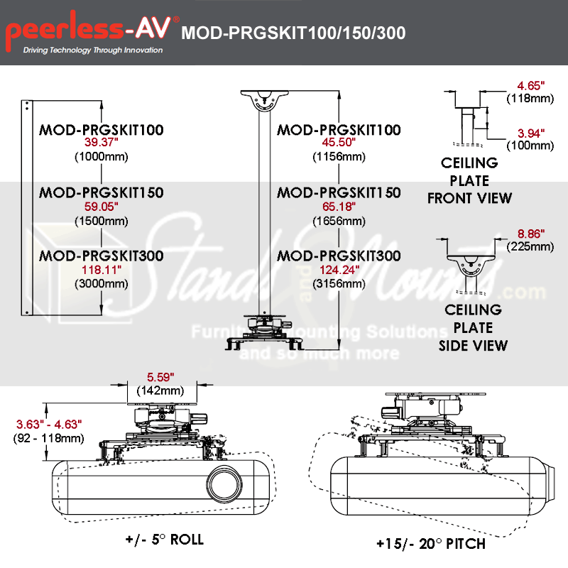 Peerless-AV Modular Series Projector Mount MOD-PRGSKIT300-B, projector mount dimensions and tilt range diagram