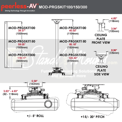 Peerless-AV Modular Series Projector Mount MOD-PRGSKIT300-B, projector mount dimensions and tilt range diagram