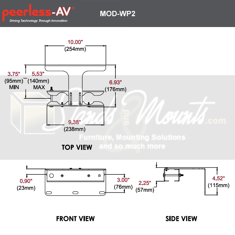 Peerless-AV Modular Dual Pole Wall Plate MOD-WP2, display mount wall plate dimensions diagram