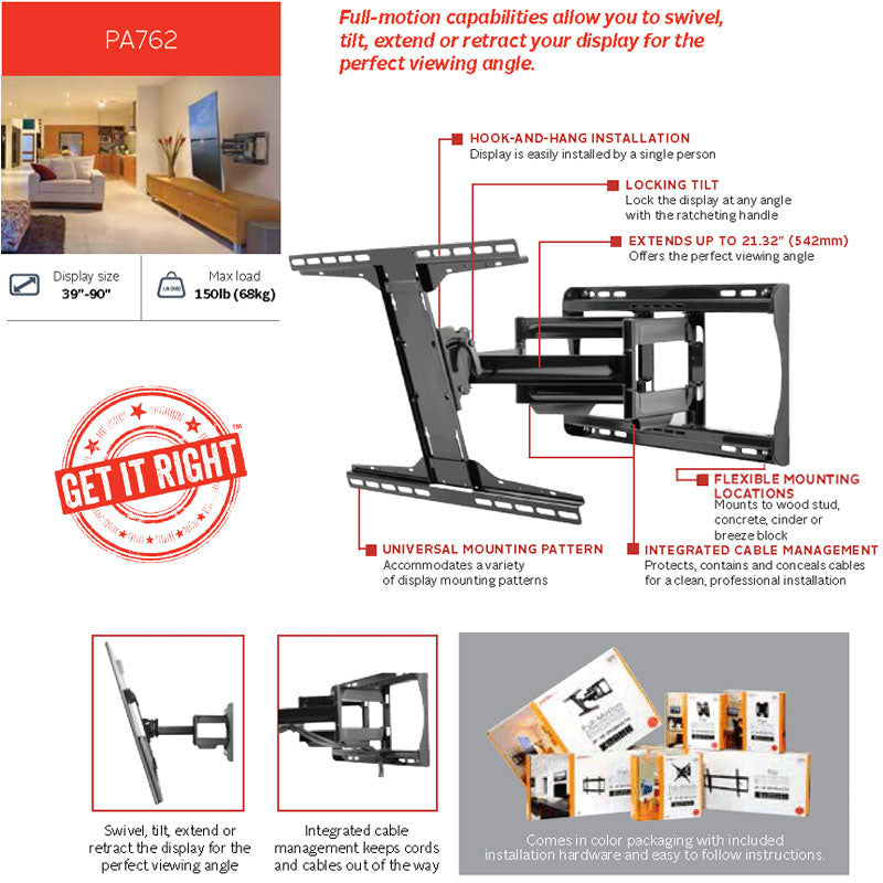 Peerless-AV PARAMOUNT XL Articulating TV Wall Mount PA762, full-motion display wall mount features infographic
