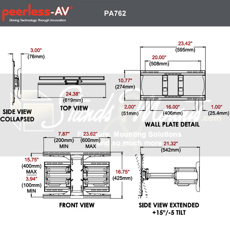 Peerless-AV PARAMOUNT XL Articulating TV Wall Mount PA762, full-motion display wall mount dimensions diagram