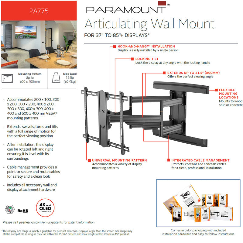 Peerless-AV Articulating Wall Mount for Extra Large Screens PA775, articulating TV wall mount feature overview